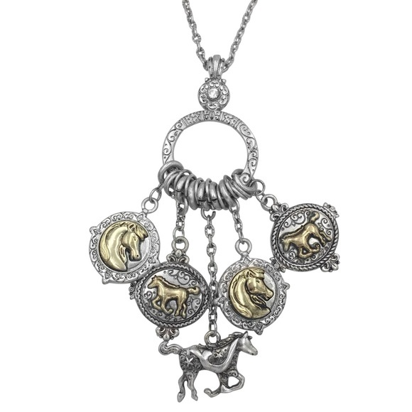 Long 2-Tone Horse Dangle Charm Cluster Necklace - Picture 1 of 3